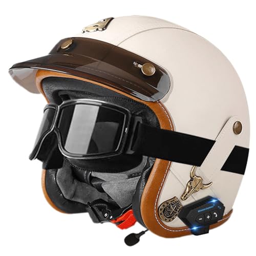 Halbschalenhelm Leder Jethelm Bluetooth Roller-Helm ECE-Zulassung Vintage Motorradhelm Brain-Cap Motorrad Halbhelme mit Brille Cruiser Scooter Helm Für Herren Damen 12,S=55~56cm von JunPing