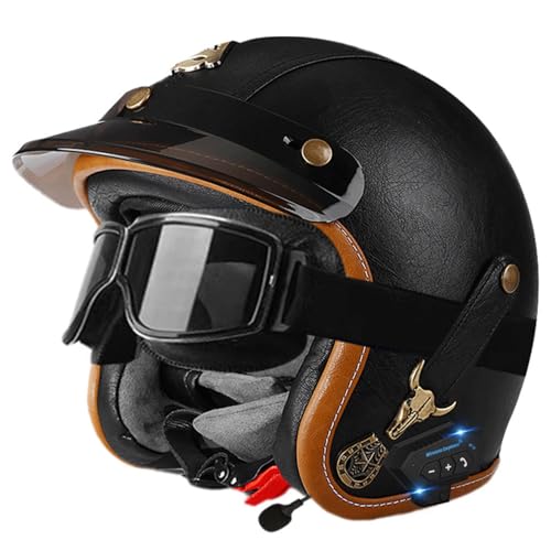 Halbschalenhelm Leder Jethelm Bluetooth Roller-Helm ECE-Zulassung Vintage Motorradhelm Brain-Cap Motorrad Halbhelme mit Brille Cruiser Scooter Helm Für Herren Damen 16,S=55~56cm von JunPing