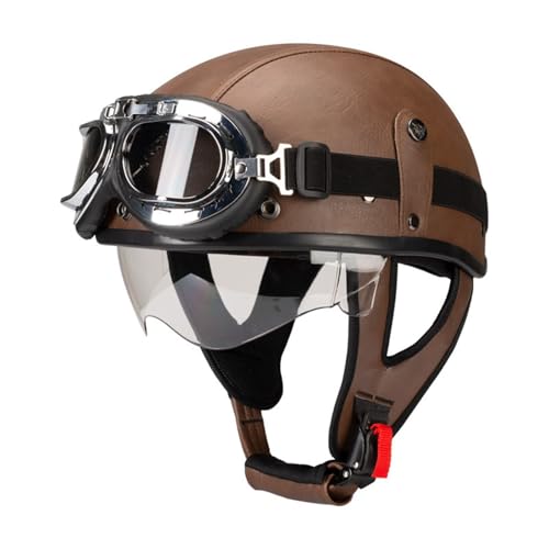 Leder Retro Motorrad Helm Jethelm Roller-Helm DOT/ECE-Zertifizierter Brain-Cap Offenem Motorradhelm Mit Schutzbrille Halbschalenhelm Halbhelme Schutzhelm Für Erwachsene Herren Damen 4,M=57-58CM von JunPing