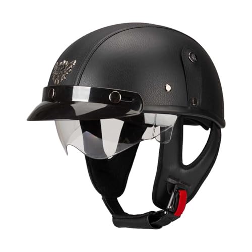 Motorrad Halbschale Jet-Helm Leder Motorradhelm Mit ECE/DOT Zertifizierung, Jethelme Für Erwachsen Männer Frauen, Open-Face Kollisionshelm Mit Sonnenblende, Für Biker Scooter Cruiser 7,L=59-60CM von JunPing