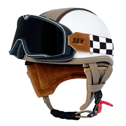 Motorradhelm Halbschalenhelm Halbhelme Retro Style Mit Fliegerbrille Brain-Cap Retro Halbhelm Jet Helm ECE-Zertifizierter Scooter Moped Helm Schutzhelm 3,L=59~60cm von JunPing