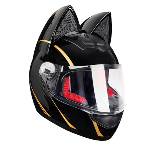 Motorradhelm Motorrad-Vollhelm Cat Ear Knight Helm, Roller-Motocross-Helme, ECE-geprüft,Klapphelm Integralhelm Fullface Helm Rollerhelm Mode-Katzenohren-Vollhelm Rollerhelm 38,M=54-56CM von JunPing