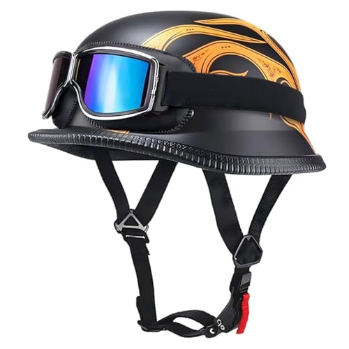 Retro Motorradhelm Mit Schutzbrille Halbhelm Halbschalenhelm Baseball Cap Brain-Cap Motorradhelm Mit ECE Cruiser Chopper Scooter Helm Für Bike Cruiser Chopper Moped Scooter 4,L=59~60cm von JunPing