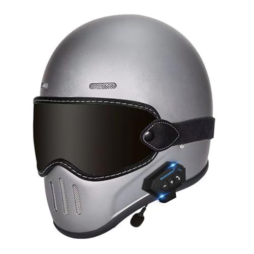 Vintage Bluetooth Motorrad Integralhelm Street Bike Helm, DOT/ECE Zugelassener Motorradhelm Mit Sonnenblende, Motorrad Moped Racing Helm Für Herren Damen 11,M=57~58cm von JunPing