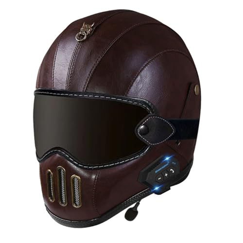 Vintage Bluetooth Motorrad Integralhelm Street Bike Helm, DOT/ECE Zugelassener Motorradhelm Mit Sonnenblende, Motorrad Moped Racing Helm Für Herren Damen 19,XL=61~62cm von JunPing