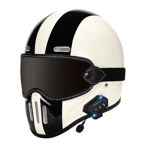 Vintage Bluetooth Motorrad Integralhelm Street Bike Helm, DOT/ECE Zugelassener Motorradhelm Mit Sonnenblende, Motorrad Moped Racing Helm Für Herren Damen 3,XL=61~62cm von JunPing