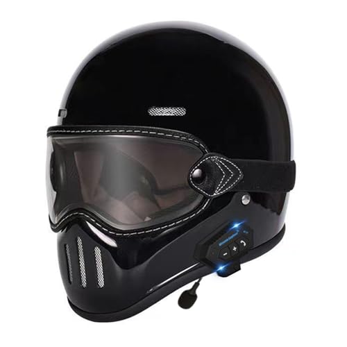 Vintage Bluetooth Motorrad Integralhelm Street Bike Helm, DOT/ECE Zugelassener Motorradhelm Mit Sonnenblende, Motorrad Moped Racing Helm Für Herren Damen 8,L=59~60cm von JunPing