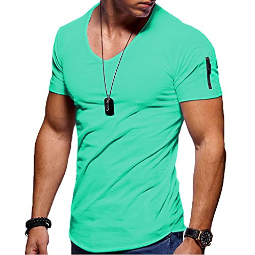 Jungerhouse Herren Sommer T-Shirt Basic V-Ausschnitt Kurzarm Casual Einfarbig Tops Slim Fit (XL,Grün) von Jungerhouse