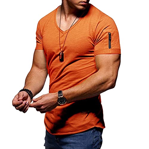 Jungerhouse Herren Sommer T-Shirt Basic V-Ausschnitt Kurzarm Casual Einfarbig Tops Slim Fit (XL,Orange) von Jungerhouse