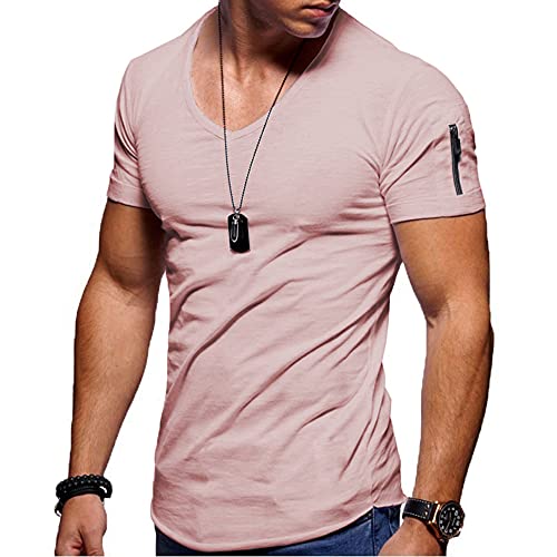 Jungerhouse Herren Sommer T-Shirt Basic V-Ausschnitt Kurzarm Casual Einfarbig Tops Slim Fit (XL,Rosa) von Jungerhouse