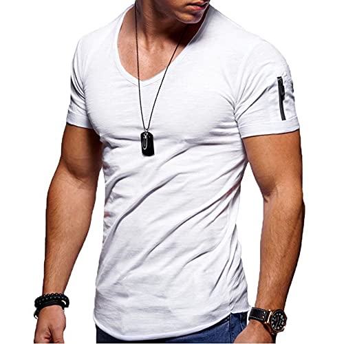 Jungerhouse Herren Sommer T-Shirt Basic V-Ausschnitt Kurzarm Casual Einfarbig Tops Slim Fit (XL,Weiß) von Jungerhouse