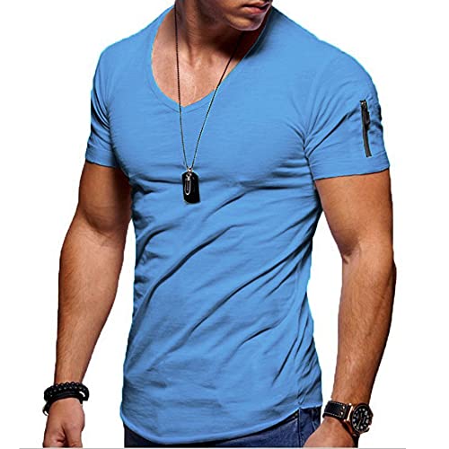 Jungerhouse Herren Sommer T-Shirt Basic V-Ausschnitt Kurzarm Casual Einfarbig Tops Slim Fit (XXXXL,Blau) von Jungerhouse