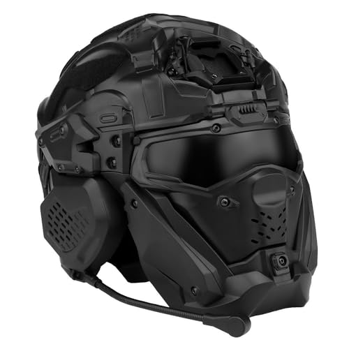 Airsoft Fast Helm Taktischer Militärischer W-Ronin Assault Helm II Eingebautes Headset, Antibeschlag-Lüfter, Klappmaske(BK) von Jungle Leopard