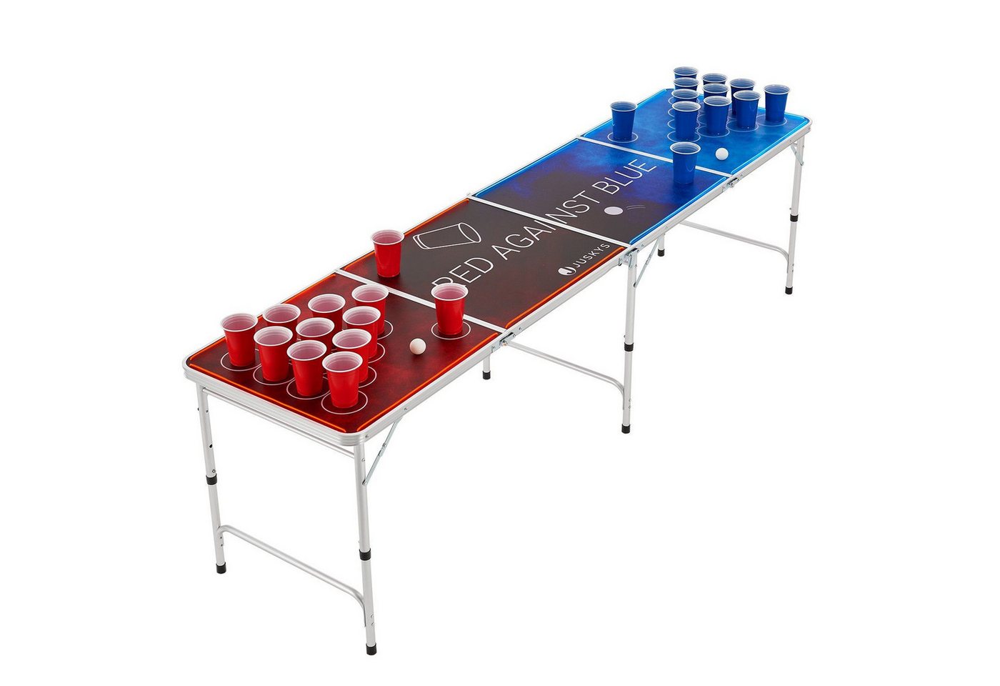 Juskys Spieltisch Red vs. Blue, Trinkspiel für die Party, Set mit 6 Bällen & 100 Bechern, klappbar von Juskys