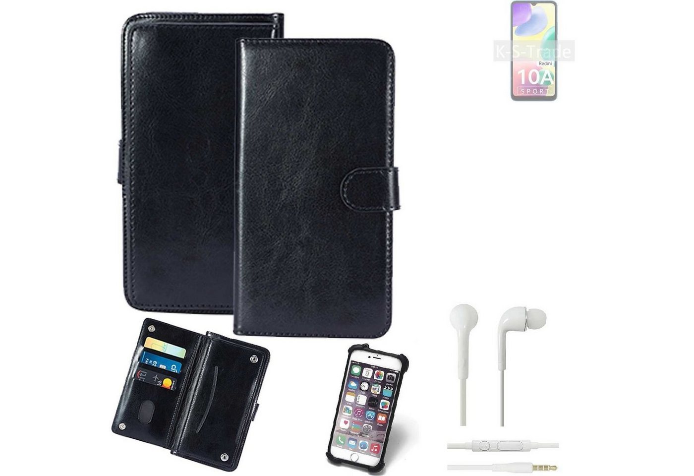 K-S-Trade Handyhülle für Xiaomi Redmi 10A Sport, 360° Hülle inkl. Headphones schwarz Kunstleder Case BookCase von K-S-Trade