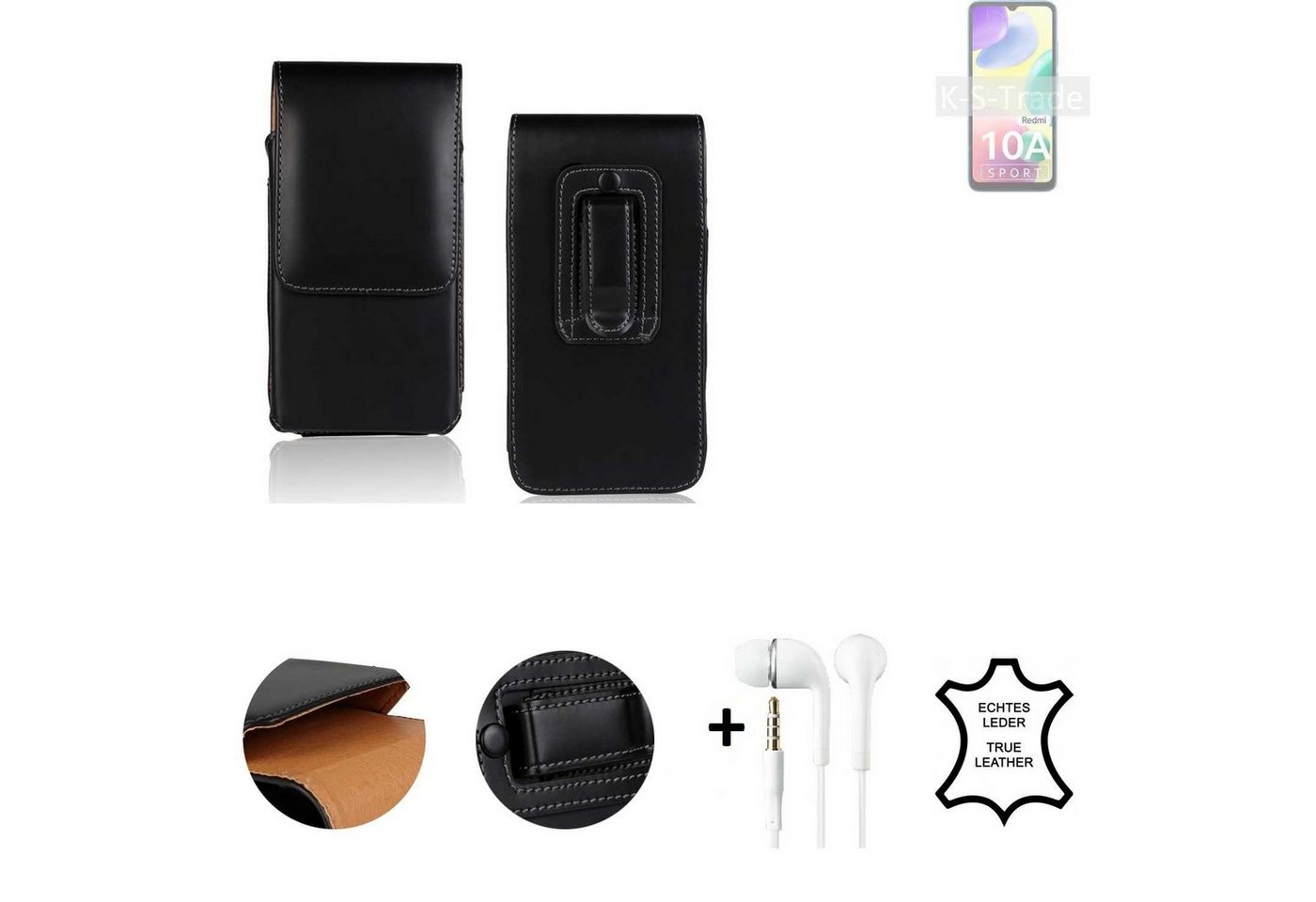 K-S-Trade Handyhülle für Xiaomi Redmi 10A Sport, Leder Gürteltasche + Kopfhörer Seitentasche Belt pouch Holster von K-S-Trade