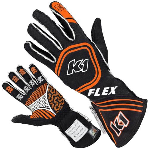 K1 Flex Nomex® Autorennhandschuhe für Erwachsene, SFI 3.3/5, Schwarz, Orange, Größe S von K1 Race Gear