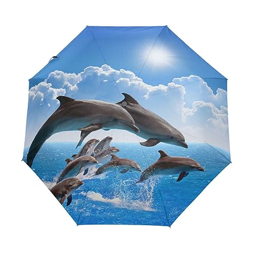 Blaue Sonne Delfin Sonnenwasser Regenschirm Taschenschirm Auf-Zu Automatik Schirme Winddicht Leicht Kompakt UV-Schutz Reise Schirm für Jungen Mädchen Strand Frauen von KAAVIYO