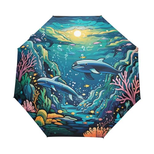 Cartoon-Meeresdelfine Regenschirm Automatik Auf-Zu Taschenschirm Umbrella Kompakt Schirme für Jungen Mädchen Strand Frauen von KAAVIYO