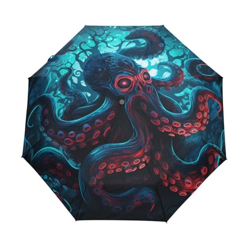 Cooler Blauer Oktopus Regenschirm Automatik Auf-Zu Taschenschirm Umbrella Kompakt Schirme für Jungen Mädchen Strand Frauen von KAAVIYO