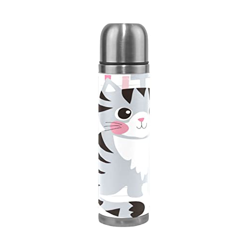 KAAVIYO Süßer Kleiner Katzen-Cartoon Wasserflasche Wasserkanne Edelstahl Isolierte Isolierflasche Auslaufsicher Leder Verpackung(500 ml) von KAAVIYO