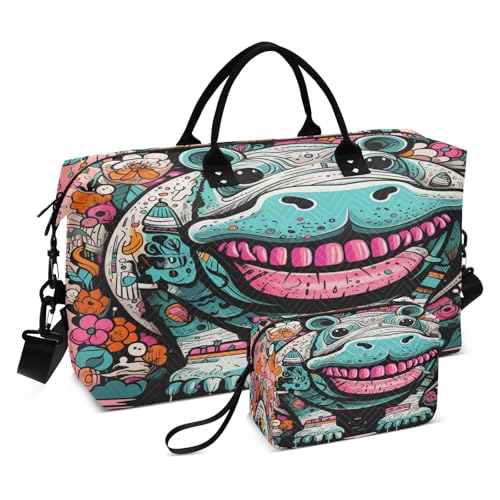 Nilpferd Rosa Blume Sporttasche Handtasche mit Make-up Aufbewahrungstasche Badetasche für Reisen Mädchen Männer von KAAVIYO