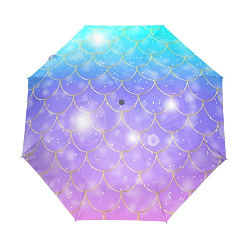 Sternenhimmel Goldene Schuppen Meerjungfrau Regenschirm Auf-Zu Automatik Taschenschirm Winddichter Umbrella Klein Leicht Schirm Kompakt Schirme für Jungen Mädchen Reise Strand Frauen von KAAVIYO