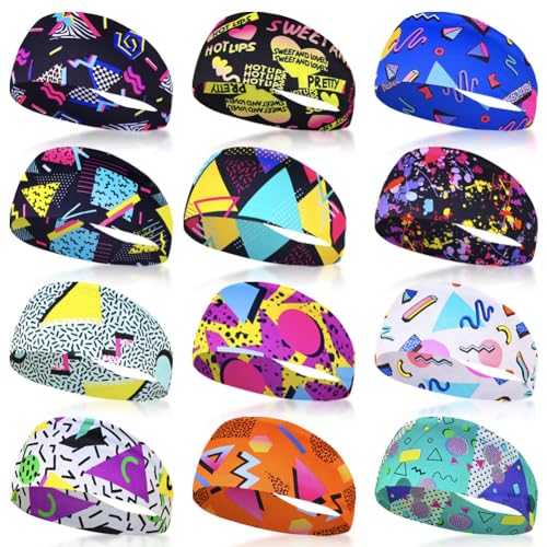 12 Pcs 80er 90er Jahre Stirnbänder Memphis Schweißbänder Schals für Männer Frauen Neon Athletische Schweißband Stirnbänder Elastisches Haarband für Reise Party Wandern Radfahren Laufen (Farbe #1) von KABAKE