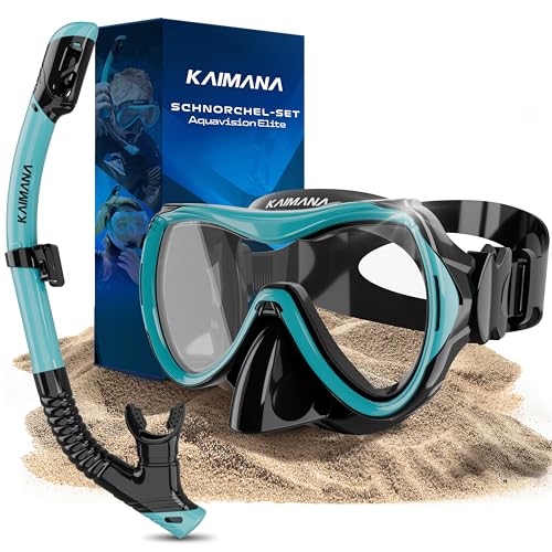 Das Neue KAIMANA® AquaVision Elite Schnorchelset für Erwachsene inkl. Tragetasche, Bequeme Taucherbrille Erwachsene, Alternative zur Schnorchelmaske, Taucherbrille mit Stoffband/Silikonstrap von KAIMANA