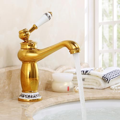 KAJDJDP Vintage Badezimmer Waschbecken Wasserhahn Messing Bad Wasserhahn Einloch Bad Wasserhahn Einhebel Heißes und Kaltes Wasser, Gold, Kurz The vast Ocean von KAJDJDP