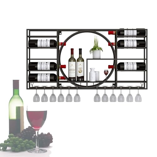 Metall Wine Rack Bar Regale Wand montiert mit hängenden Weinglas Lagerregal Mini Bar Spirituosenschrank -Bar Flasche Display Regal Whisky Regal Küche Aufbewahrung für Küche D, Schwarz, 110*11*62 cm von KANBUN