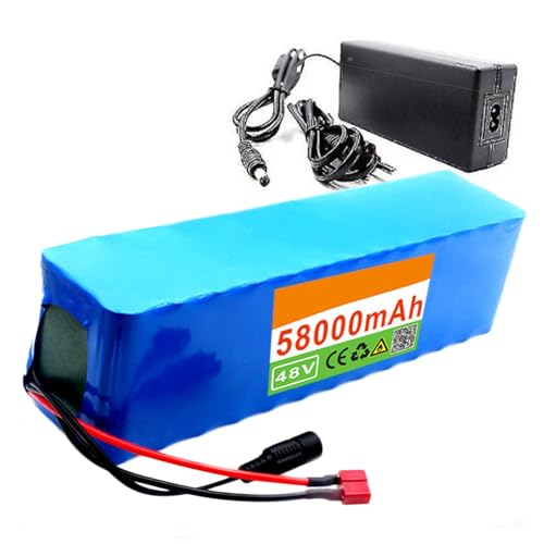 48V 58Ah Elektrofahrrad Lithium Batterie, 13S3p Lithium Batterie Pack, Eingebautes BMS, Mit 54.6V Ladegerät, ntegriertes BMS-System, ideal für elektrische mit Ladegerät XT60/T 48V58000mAH,XT60 von KANMUASD