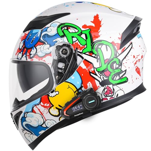 Bluetooth-Helm Motorrad Integrierter, Integralhelm mit Sonnenblende, Motorrad Helm Vollvisierhelm Mopedhelm, Herren ECE Vollvisier Motorradhelm, Racing Style, Motorrad Helm L,L(59-60CM) von KANMUASD