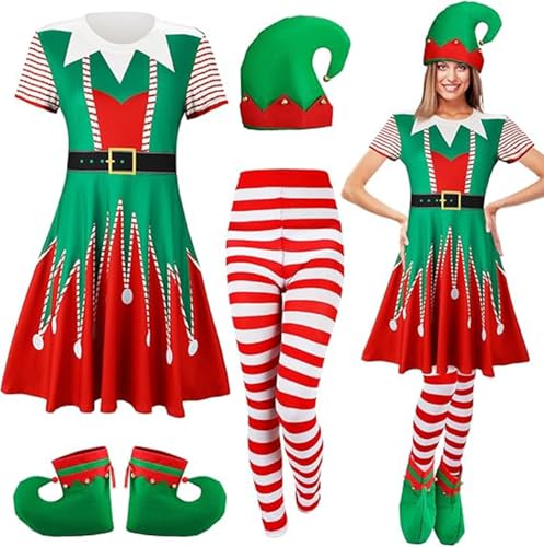 Damen Weihnachtskostüm, 4-teilige Frauen Urlaub Elfen Kostüm, Samt Kleid Weihnachten Karneval Rollenspiel, Weihnachts Elfen Kostüm Langarm Weihnachtskleid B,XL von KANMUASD