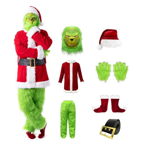 Grünes Monster-Kostüm für Erwachsene, Kostüm-Outfits für Erwachsene, Weihnachtskostüm, 7 Stück, Weihnachtsmann, Kostüm Grünes Big Monster Kostüm, Monster Pelziger Anzug B,S von KANMUASD