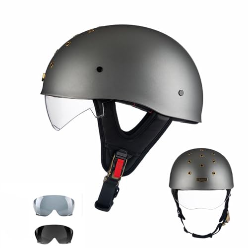 Motorradhelm Offener Retro-Halbhelm, Mit Visier, Der Dot/Ece-Test Hat Den Verkehrssicherheitstest Bestanden, FüR MäNner Und Frauen, Erwachsene 3/4-Motorradhelm L,L(57-58) von KANMUASD