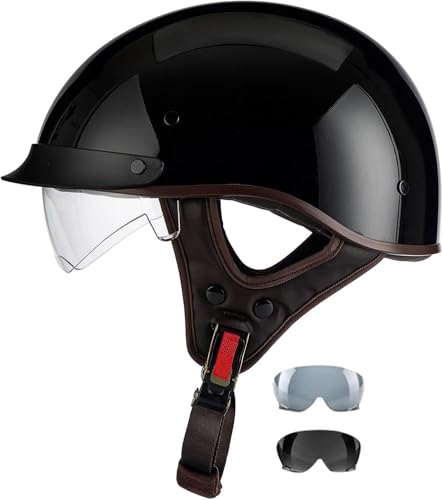 Retro Helm Motorradhelm Jethelme Vintage Mopedhelm Mit Brille, Halbhelme Halbschalenhelm Motorrad Cruiser Helm Für Männer Und Frauen F,L59-60CM von KANMUASD