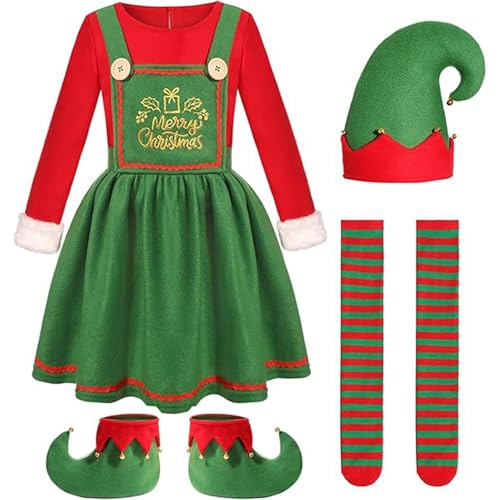 Weihnachtselfen Kostüm Kinder, Weihnachtswichtel Kostüm Kinder, Kinder Weihnachtskostüm, Mädchen Xmas Elf Weihnachtskleid mit Elfenhut und Socken B,XXL von KANMUASD