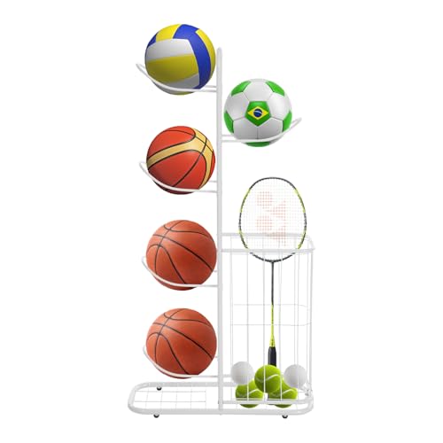 Balllagerregal Basketball Aufbewahrungsregal mit 5 Ball Ständer und Körben Aufbewahrung Regal Abnehmbarer Basketball Ausstellungsständer für Basketbällen Fußbällen Volleybällen in Garagen Wohnzimmern von KAPIPALA