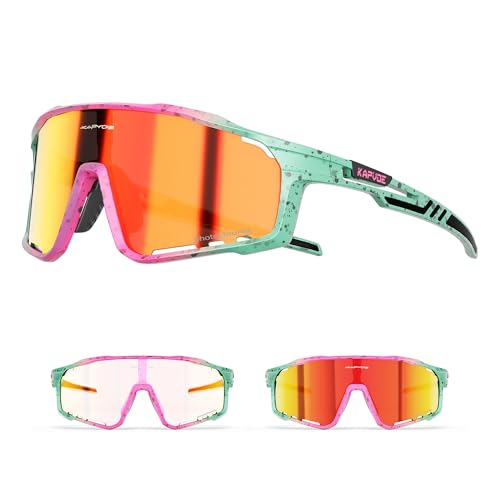 KAPVOE Fahrradbrille MTB Brille Selbsttönend Klar Radbrille Rennrad Sportbrille Sonnenbrille Radsport Laufen Golf Fahrerbrille Baseball Herren Damen Rot Grün 10 von KAPVOE