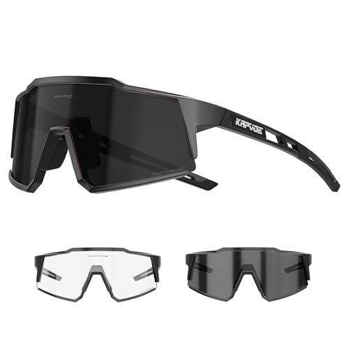 KAPVOE Photochromatische Selbsttönend Fahrradbrille TR90 Rahmen für Herren Damen Klar Sportsonnenbrille Sport Radfahren MTB Radbrille Sportbrille Fahren Baseball Laufen klar Schwarz 01 von KAPVOE