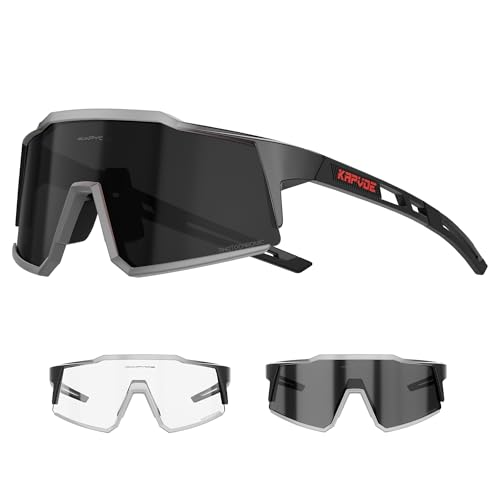 KAPVOE Photochromatische Selbsttönend Fahrradbrille TR90 Rahmen für Herren Damen Klar Sportsonnenbrille Sport Radfahren MTB Radbrille Sportbrille Fahren Baseball Laufen klar Schwarz 08 von KAPVOE