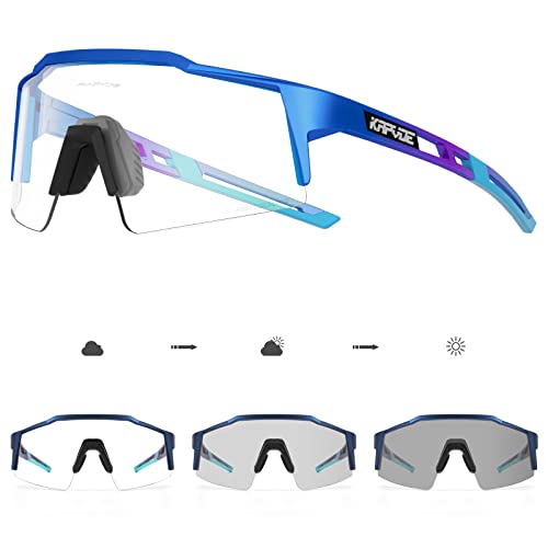 KAPVOE Photochromatische Selbsttönend Fahrradbrille TR90 Rahmen für Herren Damen Klar Sportsonnenbrille Sport Radfahren MTB Radbrille Fahren Sportbrille Baseball Laufen klar Blau 06 von KAPVOE