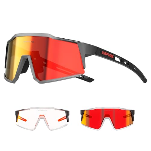 KAPVOE Photochromatische Selbsttönend Fahrradbrille TR90 Rahmen für Herren Damen Klar Sportsonnenbrille Sport Radfahren MTB Radbrille Sportbrille Fahren Baseball Laufen Rot Schwarz 08 von KAPVOE