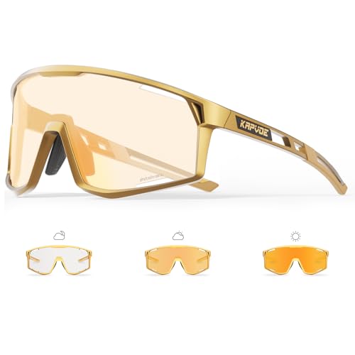 KAPVOE Photochromatische Selbsttönend Fahrradbrille für Herren Damen Klar Sportsonnenbrille TR90 Rahmen Sport Radfahren MTB Radbrille UV400 Schutz Sportbrille für Laufen Fahren Baseball Gold KAPVOE Photochromatische Selbsttönend Fahrradbrille für Herren Damen Klar Sportsonnenbrille TR90 Rahmen Sport Radfahren MTB Radbrille UV400 Schutz Sportbrille für Laufen Fahren Baseball Gold von KAPVOE