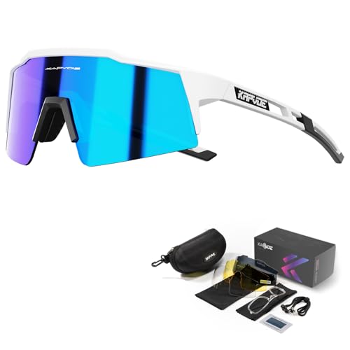 KAPVOE Polarisiert Fahrradbrille mit 4 wechselgläser TR90 Rahmen für Herren Damen Sport Radfahren MTB Sportsonnenbrille Radbrille Sportbrille Fahren Angeln Baseball Laufen 03 Blau Weiß von KAPVOE