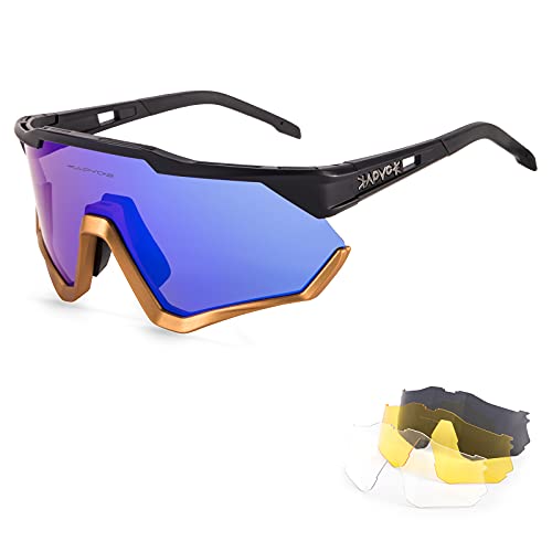 KAPVOE Polarisiert Fahrradbrille mit 4 wechselgläser TR90 Rahmen für Herren Damen Sport Radfahren MTB Sportsonnenbrille Radbrille Sportbrille Fahren Angeln Laufen Baseball Blau Schwarz 01 von KAPVOE