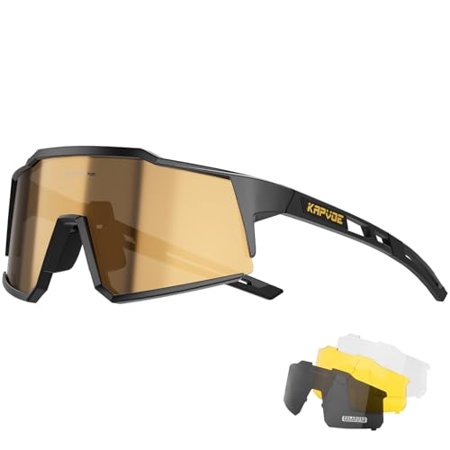 KAPVOE Polarisiert Fahrradbrille mit 4 wechselgläser TR90 Rahmen für Herren Damen Sport Radfahren MTB Sportsonnenbrille Radbrille Sportbrille Fahren Angeln Baseball Laufen Braun Schwarz 04 von KAPVOE