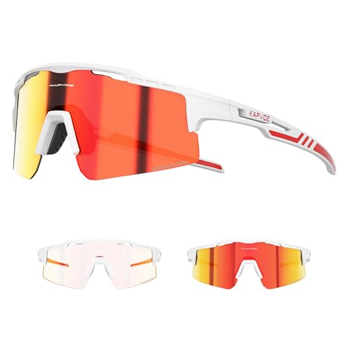 KAPVOE Selbsttönend Fahrradbrille Photochromatische UV400 Schutz Klar Sportsonnenbrille für Herren Damen Sport Radfahren MTB Radbrille Sportbrille Fahren Baseball Laufen Angeln Golf Rot Weiß 05 KAPVOE Selbsttönend Fahrradbrille Photochromatische UV400 Schutz Klar Sportsonnenbrille für Herren Damen Sport Radfahren MTB Radbrille Sportbrille Fahren Baseball Laufen Angeln Golf Rot Weiß 05 von KAPVOE