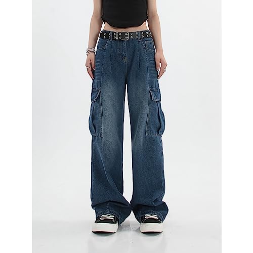 KASUTAM Damen Blaue Vintage Cargo Jeans Hohe Taille Gerade Wischhose Mode Lässig Baggy Wide Leg Denim Hose Damen Sommer,Blau,M von KASUTAM